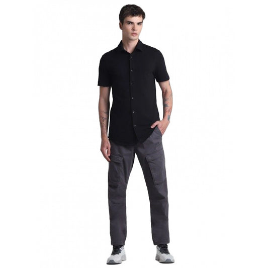 Indoraa Men's Cotton Blend Solid Half-Sleeve Regular Shirt (Black)