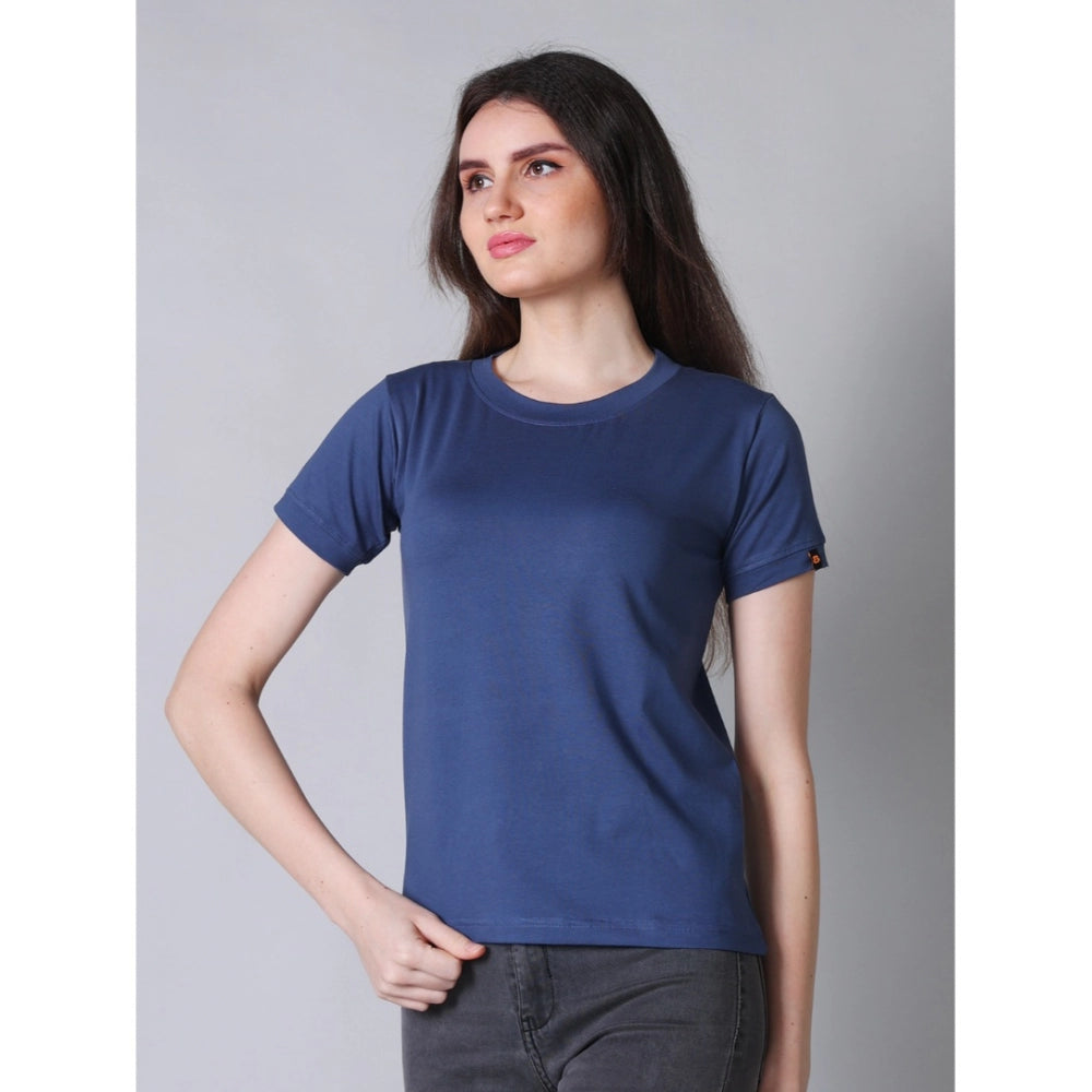 Indoraa Women's Cotton Blended Solid Round Neck Half Sleeve T-Shirt (Blue)