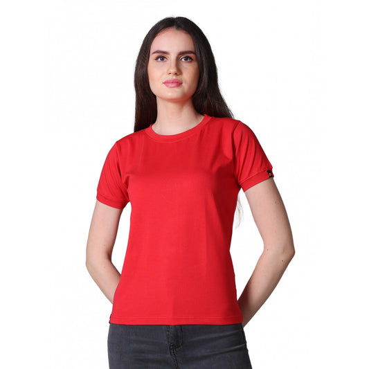 Indoraa Women's Cotton Blended Solid Round Neck Half Sleeve T-Shirt (Red)