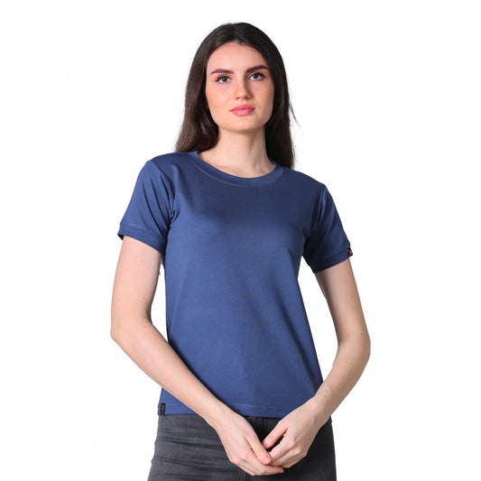 Indoraa Women's Cotton Blended Solid Round Neck Half Sleeve T-Shirt (Blue)