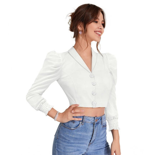 Indoraa Women's Polyester Solid Puff Sleeves Lapel Collar Top (White)