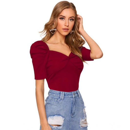 Indoraa Women's Polyester Solid Puff Short Sleeves Sweetheart Neck Top (Maroon)