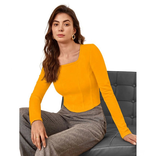 Indoraa Women's Polyester Solid Full Sleeves Square Neck Top (Yellow)
