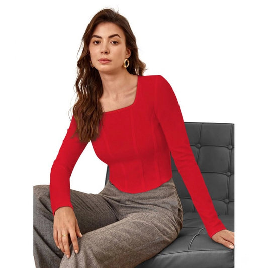 Indoraa Women's Polyester Solid Full Sleeves Square Neck Top (Red)