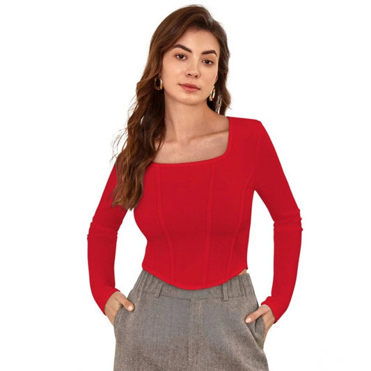 Indoraa Women's Polyester Solid Full Sleeves Square Neck Top (Red)