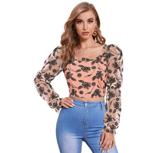 Indoraa Women's Polyester Solid Full Sleeves Square Collar Top (Peach)