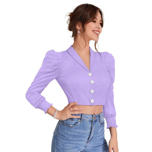 Indoraa Women's Polyester Solid Puff Sleeves Lapel Collar Top (Purple)
