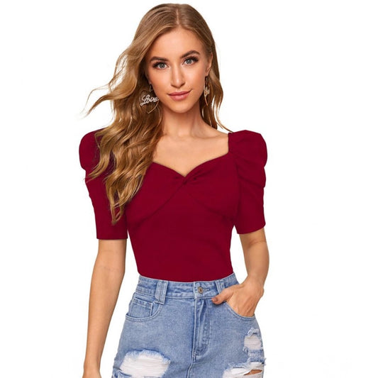 Indoraa Women's Polyester Solid Puff Short Sleeves Sweetheart Neck Top (Maroon)