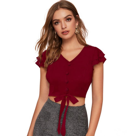 Indoraa Women's Polyester Solid Short Sleeves V Neck Top (Maroon)