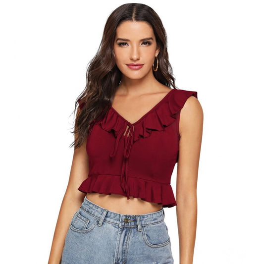 Indoraa Women's Polyester Solid Sleeveless Ruffle Neck Top (Maroon)