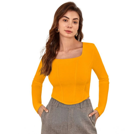 Indoraa Women's Polyester Solid Full Sleeves Square Neck Top (Yellow)
