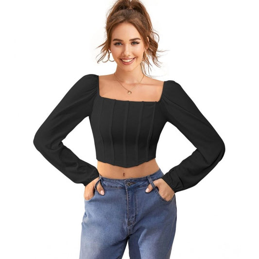 Indoraa Women's Polyester Solid Long Sleeves Square Neck Top (Black)