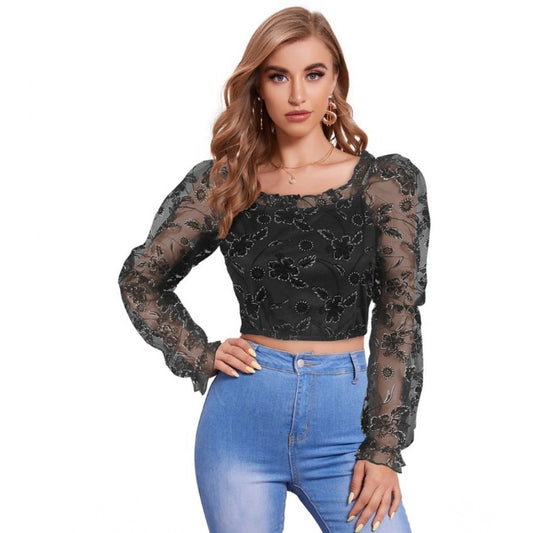 Indoraa Women's Polyester Solid Full Sleeves Square Collar Top (Black)