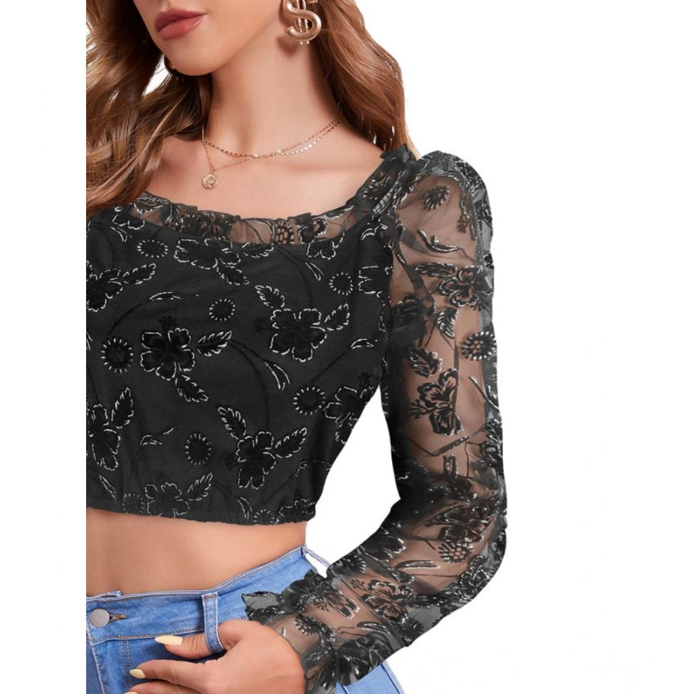 Indoraa Women's Polyester Solid Full Sleeves Square Collar Top (Black)