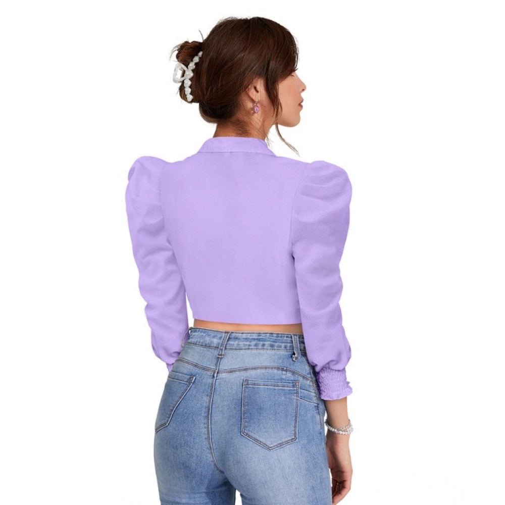 Indoraa Women's Polyester Solid Puff Sleeves Lapel Collar Top (Purple)
