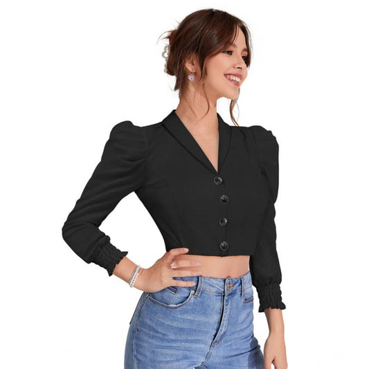 Indoraa Women's Polyester Solid Puff Sleeves Lapel Collar Top (Black)