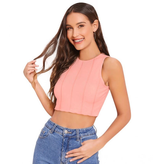 Indoraa Women's Polyester Solid Sleeveless Round Neck Top (Peach)