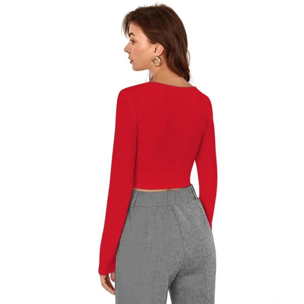 Indoraa Women's Polyester Solid Full Sleeves Square Neck Top (Red)