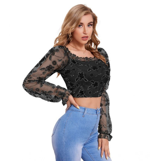 Indoraa Women's Polyester Solid Full Sleeves Square Collar Top (Black)