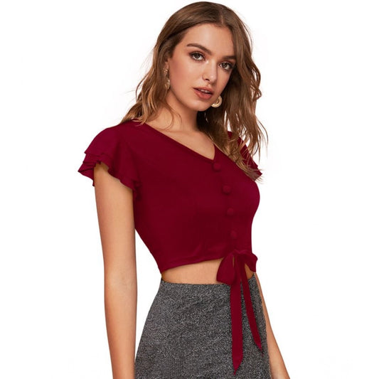 Indoraa Women's Polyester Solid Short Sleeves V Neck Top (Maroon)