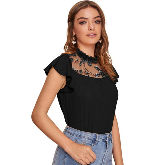 Indoraa Women's Polyester Solid Cap Sleeve Sweetheart Neck Top (Black)