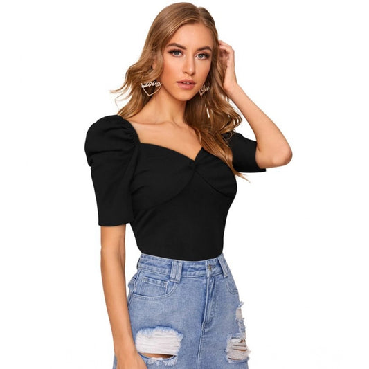Indoraa Women's Polyester Solid Puff Short Sleeves Sweetheart Neck Top (Black)