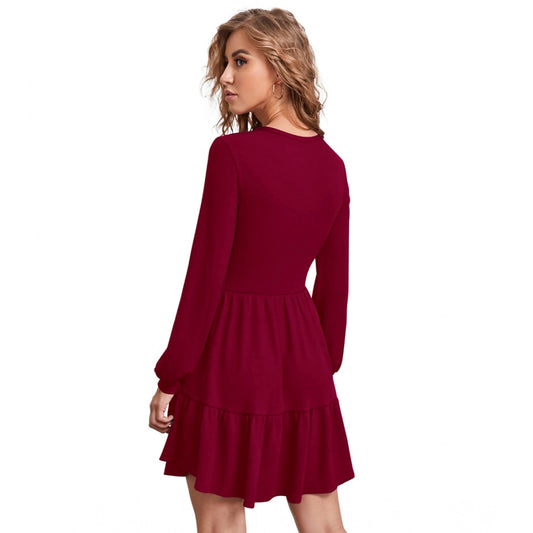 Indoraa Women's Knitting stretchable Solid Round Neck Full Sleeve Dress (Maroon)