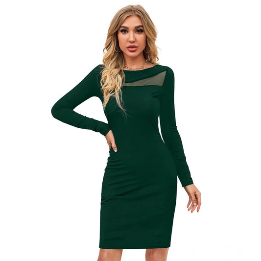 Indoraa Women's Knitting stretchable Solid Round Neck Full Sleeve Dress (Green )