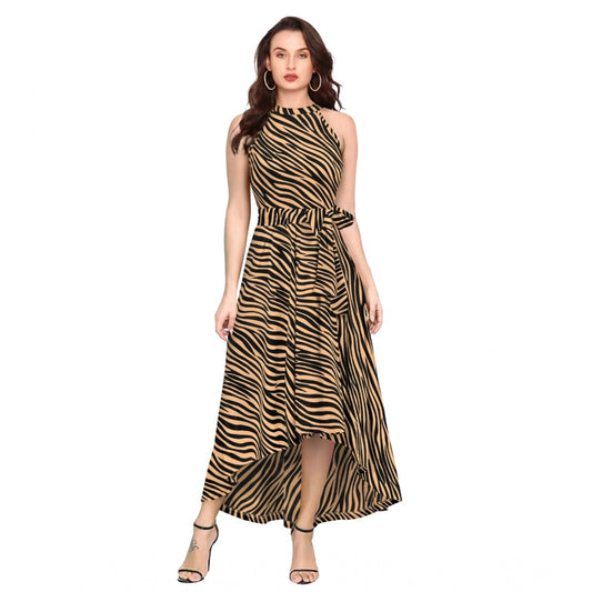 Indoraa Women's Polyester Zebra Pattern Halter Neck Sleeveless Dress (Yellow)
