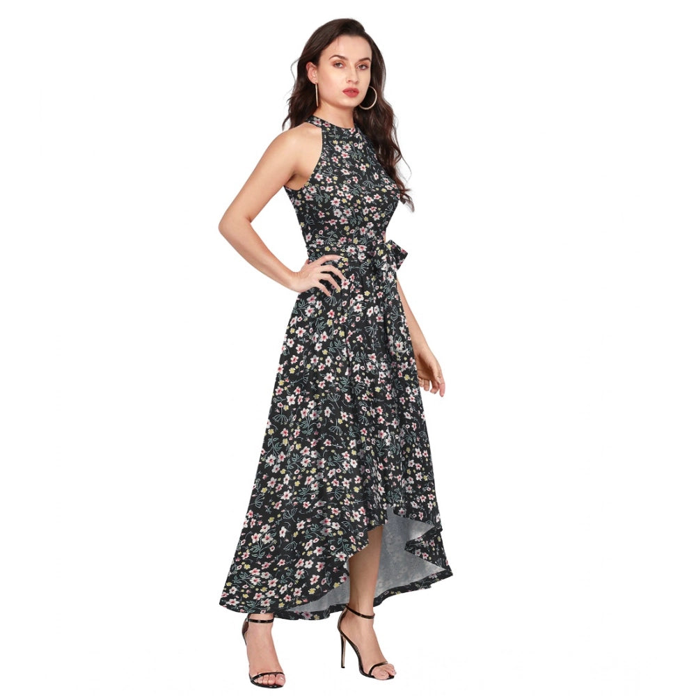 Indoraa Women's Polyester Printed Halter Neck Sleeveless Dress (Black)