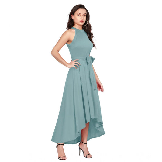 Indoraa Women's Polyester Solid Halter Neck Sleeveless Dress (Pista)