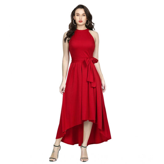 Indoraa Women's Polyster Solid Halter Neck Sleeveless Dress (Red)