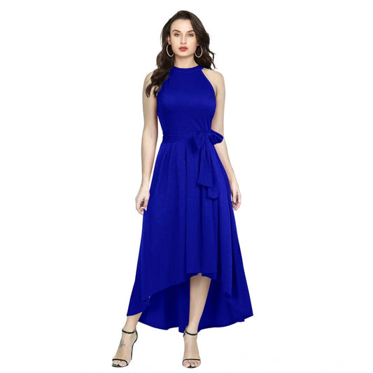 Indoraa Women's Polyster Solid Halter Neck Sleeveless Dress (Royal Blue)