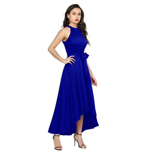 Indoraa Women's Polyster Solid Halter Neck Sleeveless Dress (Royal Blue)