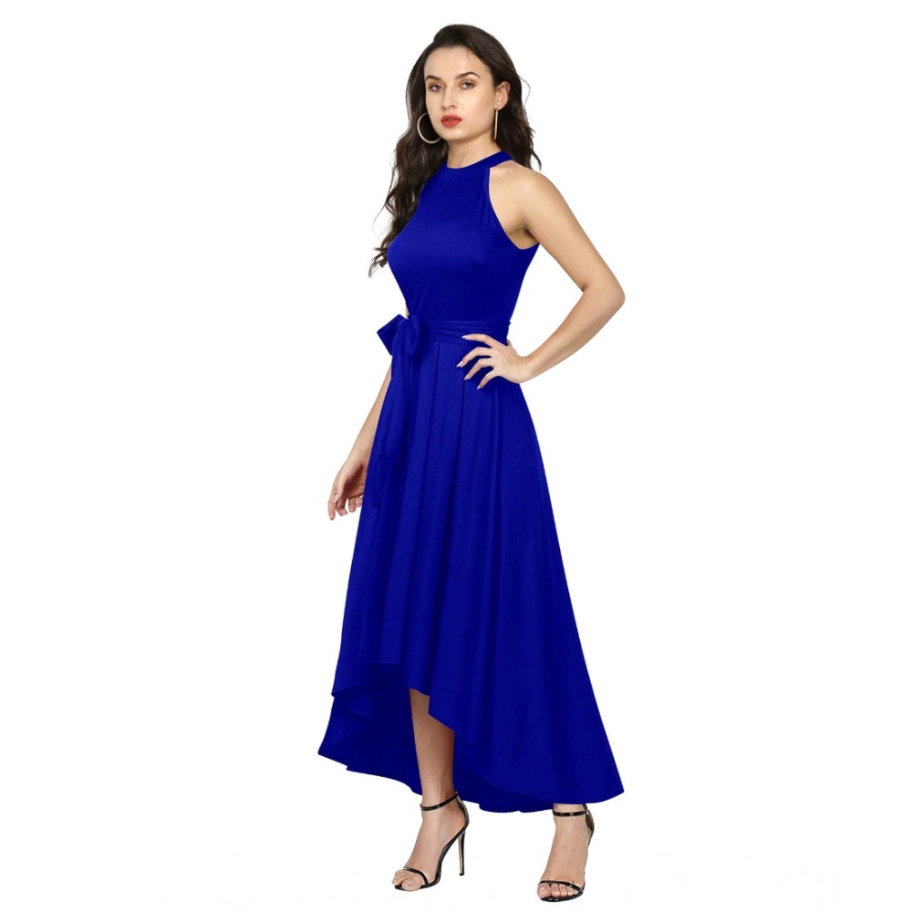 Indoraa Women's Polyster Solid Halter Neck Sleeveless Dress (Royal Blue)