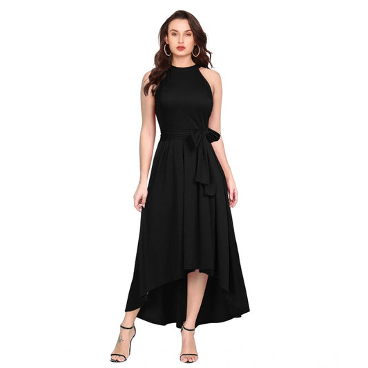 Indoraa Women's Polyster Solid Halter Neck Sleeveless Dress (Black)