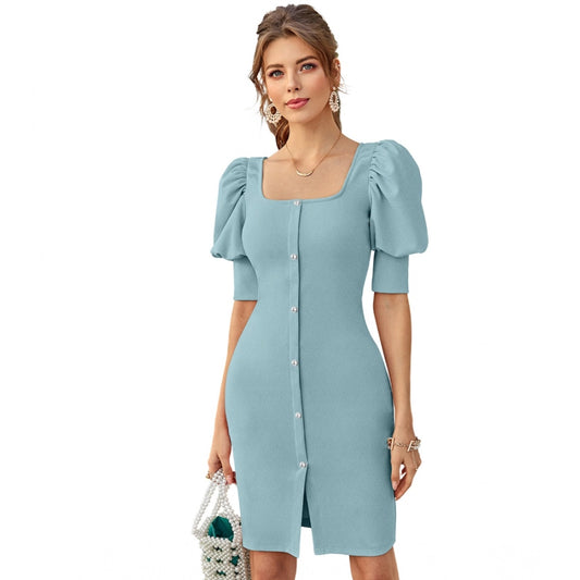 Indoraa Women's Knitting stretchable Solid Square Neck 3-4 Puff Sleeve Dress (Pista)