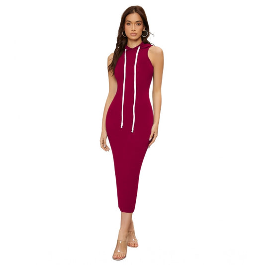 Indoraa Women's Knitting stretchable Solid Round Neck Sleeveless Dress (Maroon)