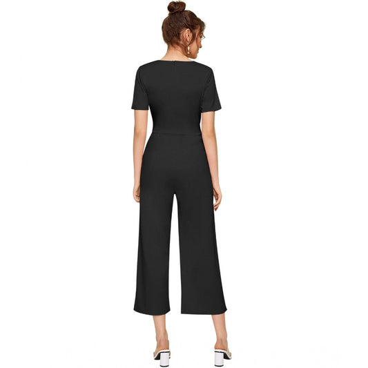 Indoraa Women's Knitting stretchable Solid Round Neck Cap Sleeve Jumpsuit (Black)