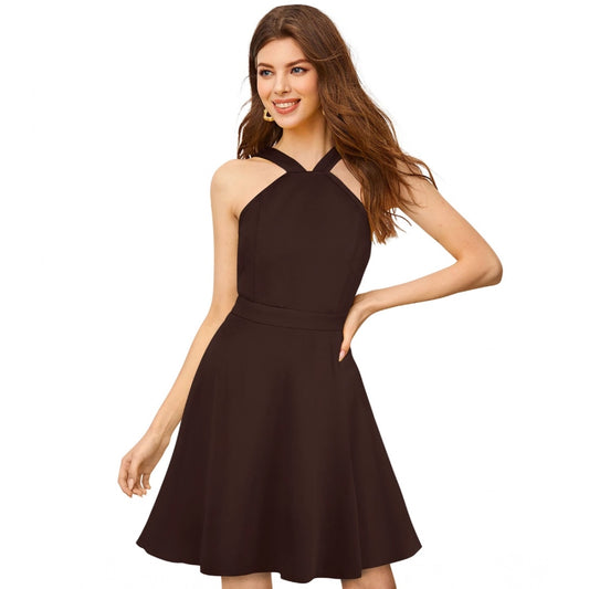 Indoraa Women's Knitting stretchable Solid Halter Neck Sleeveless Dress (Coffee)