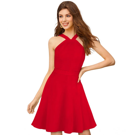 Indoraa Women's Knitting stretchable Solid Halter Neck Sleeveless Dress (Red )