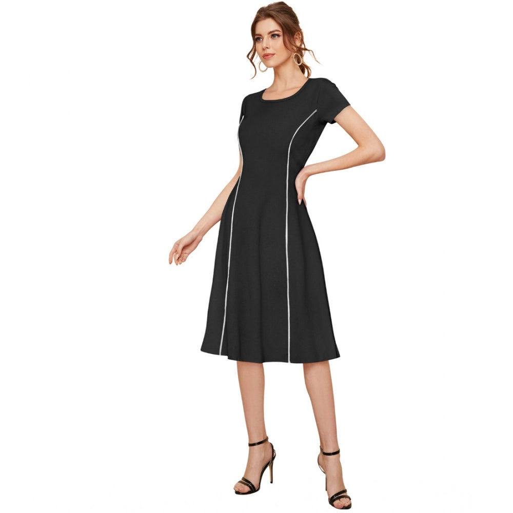 Indoraa Women's Knitting stretchable Solid Round Neck Cap Sleeve Dress (Black)
