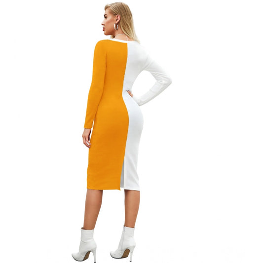 Indoraa Women's Knitting stretchable Solid Round Neck Full Sleeve Dress (Yellow)