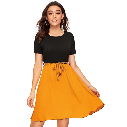 Indoraa Women's Knitting stretchable Solid Round Neck Cap Sleeve Dress (Yellow)