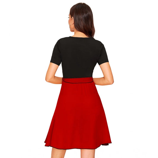 Indoraa Women's Knitting stretchable Solid Round Neck Cap Sleeve Dress (Red)