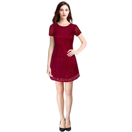 Indoraa Women's Rasal Solid Round Neck Cap Sleeve Dress (Maroon)