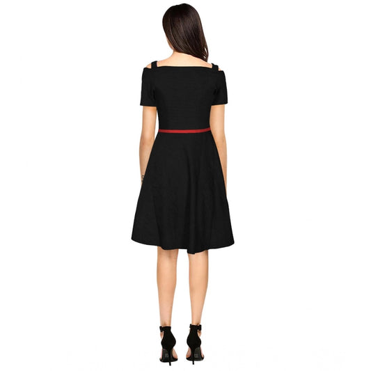 Indoraa Women's Polyester Solid V Neck Cap Sleeve Dress (Black)