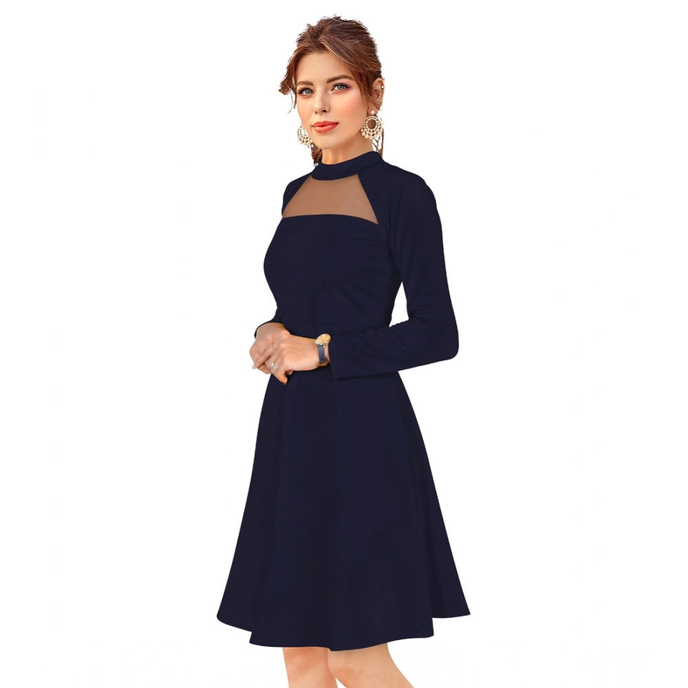 Indoraa Women's Knitting stretchable Solid Round Neck Full Sleeve Dress (Blue)