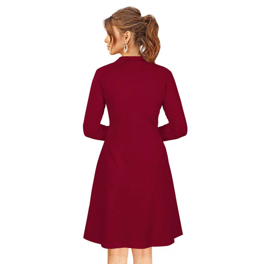 Indoraa Women's Knitting stretchable Solid Round Neck Full Sleeve Dress (Maroon)