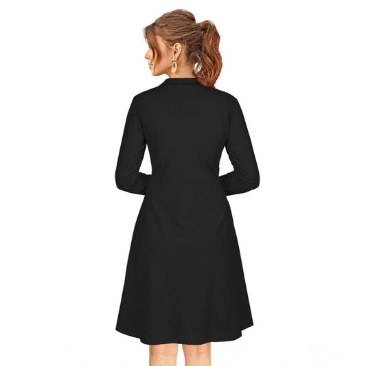 Indoraa Women's Knitting stretchable Solid Round Neck Full Sleeve Dress (Black)